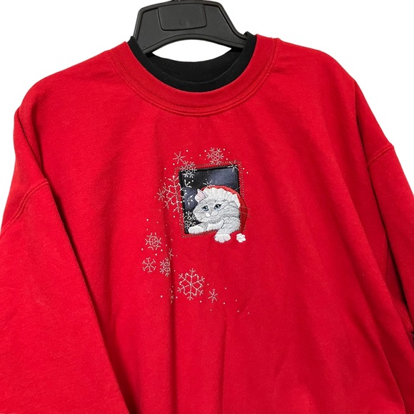 Top Stitch Embroidered Cat & Snowflakes Red Double Collar Crewneck Sweatshirt - Picture 4 of 8